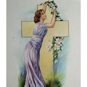 Easter Postcard Tucks Victorian Lady With Lily Flowers By Cross Germany Vintage